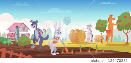 Gardening animals. Cartoon background with wild working animals harvesting fruits and vegetables exact vector template 129478283