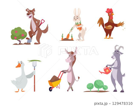 Animals gardening. Funny cartoon wild animals working in garden harvesting fruits exact vector outdoor characters 129478310