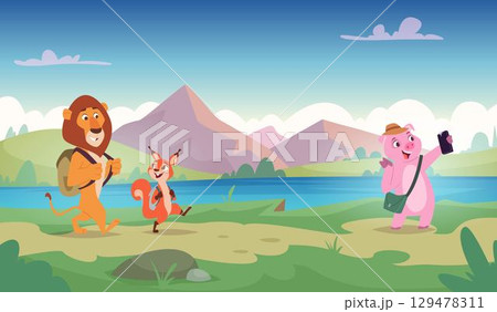 Touristic animals. Cute cartoon animals exploring world exact vector background concept illustration of travelling 129478311