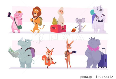 Animal travelling. Animal kids walking and riding on the different sides of world exact vector cartoon illustrations of worlwide travelers 129478312
