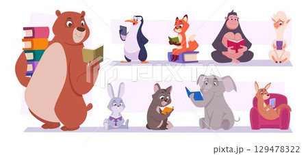 Animals with books. Cartoon cute animals holding books exact vector illustrations set Animals with books. Cartoon cute animals holding books exact vector illustrations set 129478322