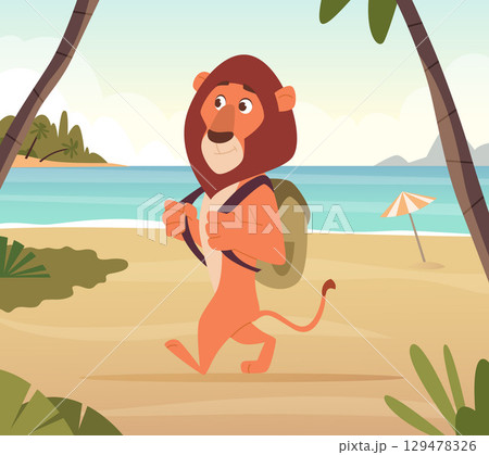 Lion traveller. wild cartoon animal lion walking on beach with backpack Lion traveller. wild cartoon animal lion walking on beach with backpack 129478326