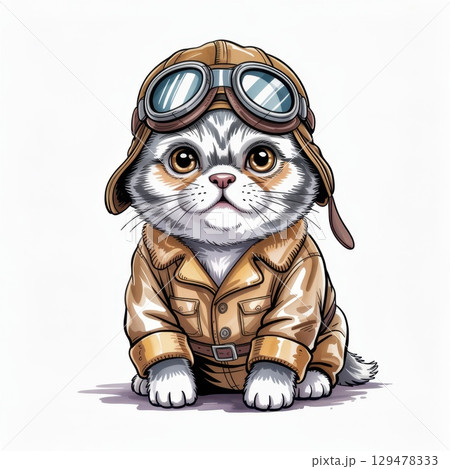Adorable Watercolor Illustration of a Cat Dressed as a Pilot in Vintage Aviator Attire With Goggles 129478333