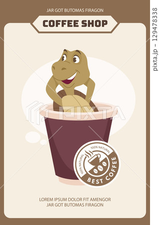Coffee time. ads placard with turtle relaxing in cup of coffee. template with place for text Coffee time. ads placard with turtle relaxing in cup of coffee. template with place for text 129478338