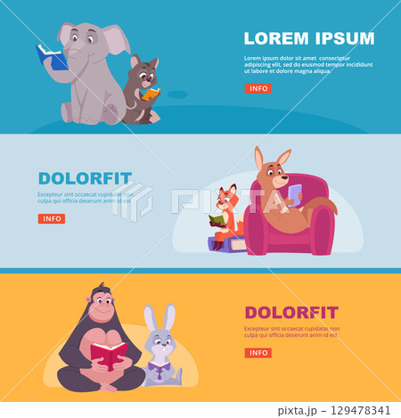 Animals reading. horizontal banners with wild animals holding books and reading in library 129478341