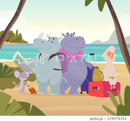 Animal travellers. wild cartoon animals standing on beach Animal travellers. wild cartoon animals standing on beach 129478342