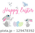 Happy Easter. Easter bunnies mother and baby with butterfly on white background. For banners, cards, social networks. Vector 129478392