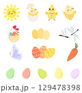 Happy Easter. Set of Easter elements: sun, chickens, eggs, butterfly on a white background. For banners, cards, social networks. Vector 129478398