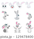 Cute animals. Set of cute cartoon rabbits. Cute rabbits in different poses. For banners, cards, social networks. Vector 129478400