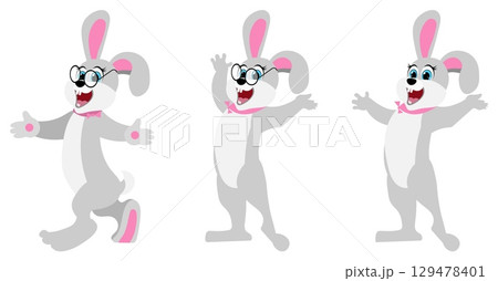 Cute animals. Set of cute cartoon rabbits. Cute rabbit with glasses in different poses. Cute animals. Set of cute cartoon rabbits. Cute rabbit with glasses in different poses. 129478401