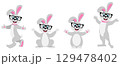 Cute animals. Set of cute cartoon rabbits. Cute gray rabbit with glasses in different poses. 129478402