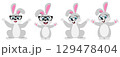 Cute animals. Set of cute cartoon rabbits. A cheerful gray rabbit in glasses sits in different poses. For banners, cards, social networks. Vector 129478404