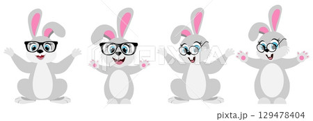 Cute animals. Set of cute cartoon rabbits. A cheerful gray rabbit in glasses sits in different poses. For banners, cards, social networks. Vector Cute animals. Set of cute cartoon rabbits. A cheerful gray rabbit in glasses sits in different poses. For banners, cards, social networks. Vector 129478404