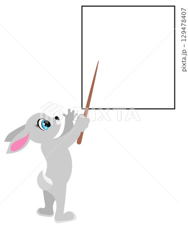 Cute animals. Set of cute cartoon rabbits. Cute rabbit with a pointer on a white background. For banners, cards, social networks. Vector 129478407