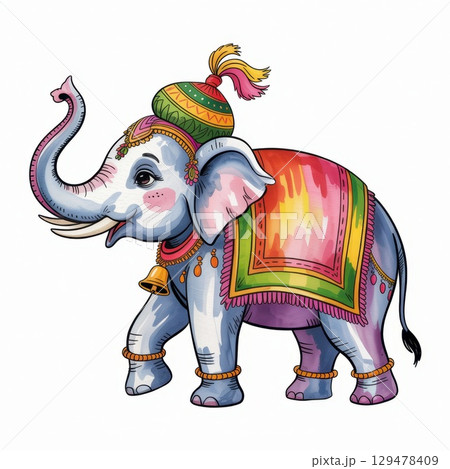 Delightful Watercolor Illustration of a Colorful Elephant Adorned With Traditional Decorations 129478409