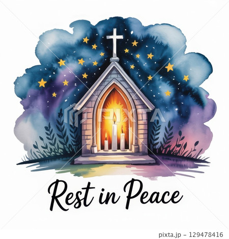 Watercolor Illustration Depicting a Peaceful Memorial Scene With Candles and Stars in the Night Sky 129478416