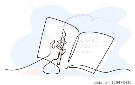 Hand with pen and book. The concept of a writers creativity. Continuous one line drawing Hand with pen and book. The concept of a writers creativity. Continuous one line drawing 129478433