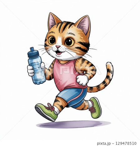 Cute Watercolor Illustration of a Playful Cat Jogging With a Water Bottle in Vibrant Athletic Gear Cute Watercolor Illustration of a Playful Cat Jogging With a Water Bottle in Vibrant Athletic Gear 129478510