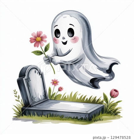 Friendly Ghost Holding a Flower in a Whimsical Watercolor Illustration Near a Gravestone 129478528