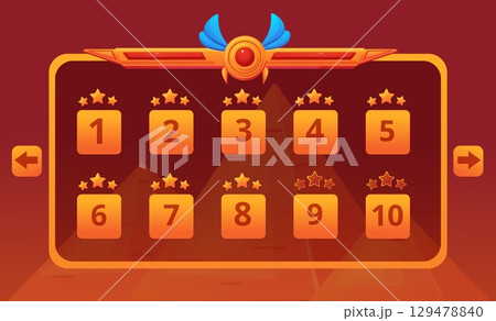 Select level screen in online game. Banner with levels signs, open and closed. Egyptian adventures play ui ux elements with pyramides, nowaday vector design Select level screen in online game. Banner with levels signs, open and closed. Egyptian adventures play ui ux elements with pyramides, nowaday vector design 129478840