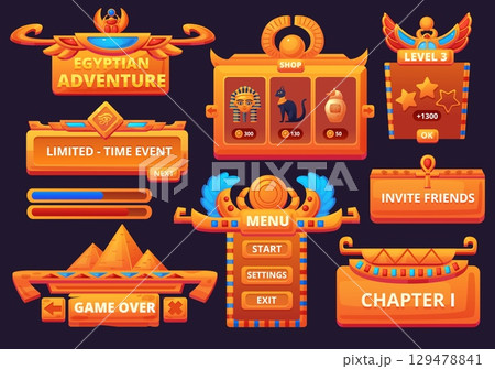 Egyptian ui game interface. Progress bar, buttons, score signs, menu panel elements. Ancient egypt adventures online play app design, nowaday vector set Egyptian ui game interface. Progress bar, buttons, score signs, menu panel elements. Ancient egypt adventures online play app design, nowaday vector set 129478841
