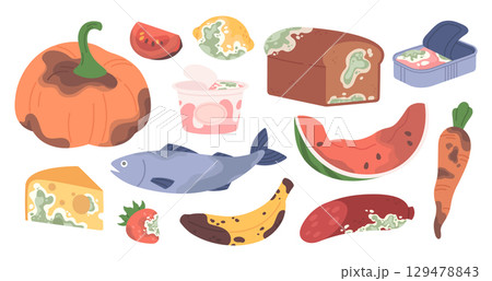 Damaged food. Cartoon expired products, organic garbage ingredients. Rotting vegetables and fruits, dairy, cheese and preserves with mildew. Racy vector set 129478843