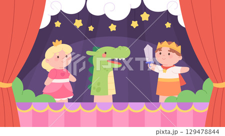 Finger dolls theater. Soft puppets on hands on stage, children fairy tale scene with prince with sword, princess and dragon. Performance racy vector concept 129478844