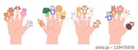 Finger puppets. Cute toys on children hand fingers for entertainment. Funny bear, tiger, fox, bunny bee deer flower. Marionettes for childish theater, racy vector set Finger puppets. Cute toys on children hand fingers for entertainment. Funny bear, tiger, fox, bunny bee deer flower. Marionettes for childish theater, racy vector set 129478856
