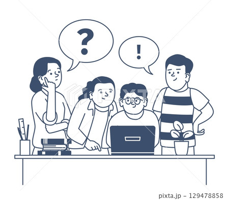 Students work on project. Teenagers with laptop discuss and find problems solution. Teamwork in school college or university, recent vector scene Students work on project. Teenagers with laptop discuss and find problems solution. Teamwork in school college or university, recent vector scene 129478858