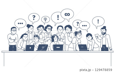 Students work in group. Young adults or teens working with laptop. University school college project doing together. Teamwork, recent vector scene 129478859