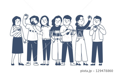 Friends group with smartphones. Crowd of teens looking in smartphone and share information, photos, memes. Modern digital lifestyle, recent vector scene 129478860