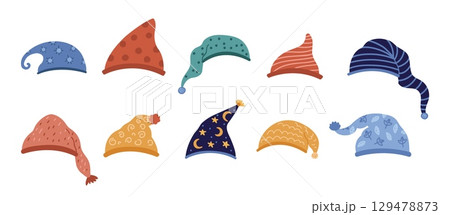 Gnomes hats collection. Different dwarves head accessories. Isolated dwarf hat for sleep various design. Cartoon nightcaps, vector clipart 129478873