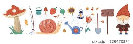 Garden dwarf and accessories. Flowers, plants, mushroom and leaves. Autumn spring elements, planting tools, watering can. Cartoon gardening vector set 129478874