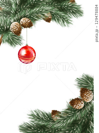 Hand-drawn illustration of a green pine branch with a red Christmas ornament and pinecones. Ideal for holiday decor, cards, or wrapping paper, adding a festive touch. 129478884