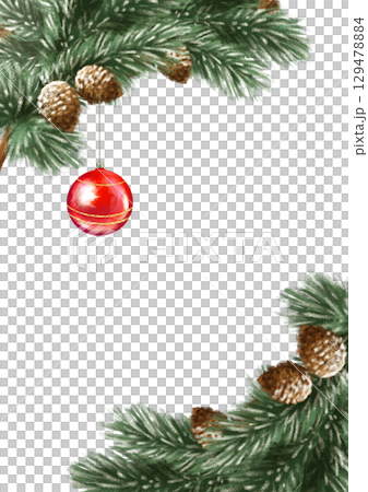 Hand-drawn illustration of a green pine branch with a red Christmas ornament and pinecones. Ideal for holiday decor, cards, or wrapping paper, adding a festive touch. 129478884