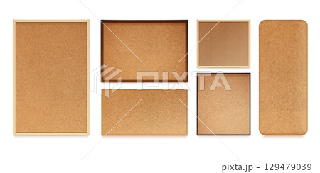Realistic cork board. 3d corkboard, wood bulletin frame texture notice school wall memo pinboard wooden coaster old post list note pin office announcement exact vector illustration 129479039