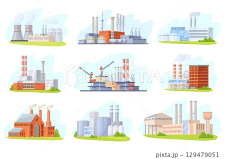 Cartoon plants factories buildings. Industrial complex building exterior, power plan nuclear energy station or chemical production oil gas factory set, neat vector illustration 129479051