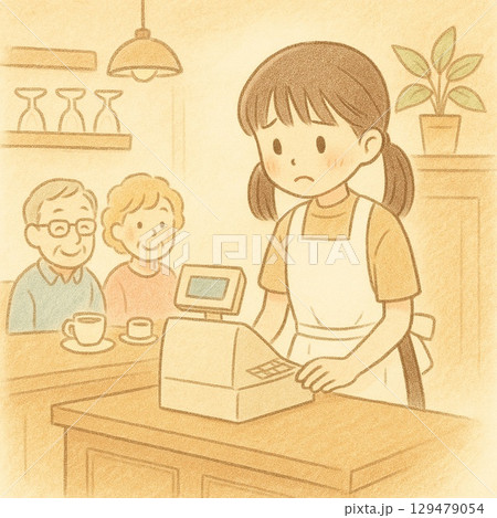 バイト先で緊張してぎこちない女の子 柔らかいパステル画 バイト先で緊張してぎこちない女の子 柔らかいパステル画 129479054