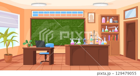 Chemical lab room. Chemistry school classroom cartoon interior, science research experiment desk medical laboratory tools table biology medicine education, neat vector illustration 129479055