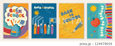 Colorful back to school poster set with cute pencil characters and cheerful classroom elements Colorful back to school poster set with cute pencil characters and cheerful classroom elements 129479059