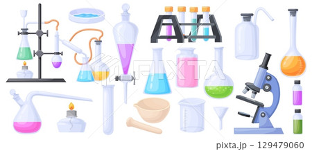 Cartoon chemistry tools. Laboratory scientific test equipment, chemical beakers medical flasks science experiment measuring glassware vial liquid tube, set neat vector illustration 129479060