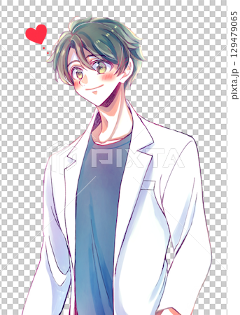 A refreshing man wearing a white coat, black hair, love 129479065
