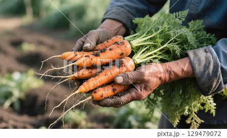 Farmer's hands holding freshly harvested carrots with green tops in a vegetable garden Farmer's hands holding freshly harvested carrots with green tops in a vegetable garden 129479072