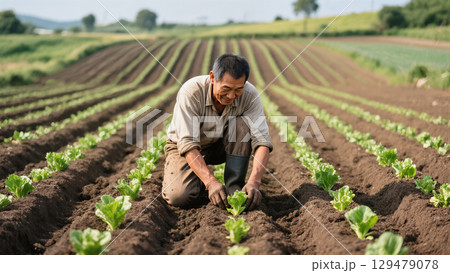 Farmer tending young green plants in neatly plowed vegetable field on a sunny day 129479078