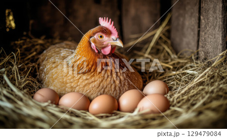 Brown hen sitting in a straw nest surrounded by fresh eggs inside a rustic wooden coop, symbolizing farming and egg production 129479084