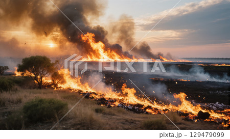 Massive wildfire spreading across dry grassland with smoke and flames under dramatic sunset sky 129479099