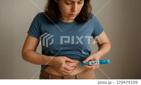 Woman administering GLP-1 injection into abdomen with insulin pen device at home Woman administering GLP-1 injection into abdomen with insulin pen device at home 129479109