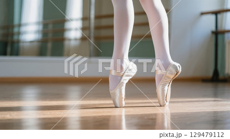 Ballet dancer standing en pointe in light pink shoes on wooden studio floor 129479112