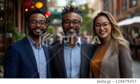 Diverse professional team smiling confidently in urban environment together Diverse professional team smiling confidently in urban environment together 129479357
