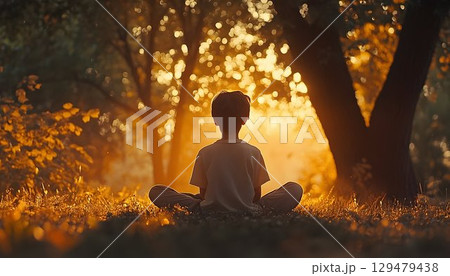 Tranquil moment of reflection: a boy meditates in a sun-kissed glade Tranquil moment of reflection: a boy meditates in a sun-kissed glade 129479438